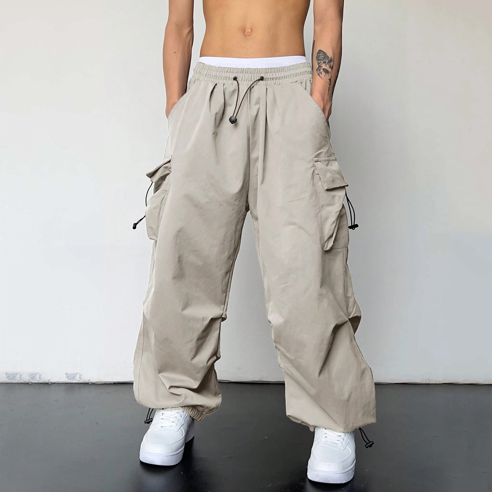 thumbnail image 3 of Pantalones cargo deportivos de cintura informal para hombre - Bolsillo tejido con cordón - Ropa urbana para todas las estaciones, 3 of 8